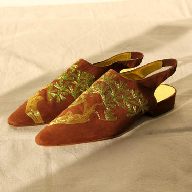 Vintage 90s Stephane Kelian Brown Suede &amp; Metallic Gold Leaf Embroidered Slingback Sandals | Made in France | Size 7 | 1990s Designer Shoes 