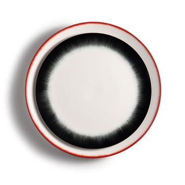 Off White Porcelain Dinner Plate / Salad Plate / Shadow Red / Black Trim