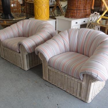 Pair of Scalloped Wicker Pouf Lounge Chairs