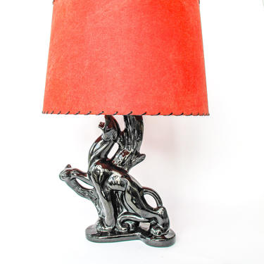 Vintage Mid-Century 1950's Panther Sculpture Table Lamp with Red Shade 