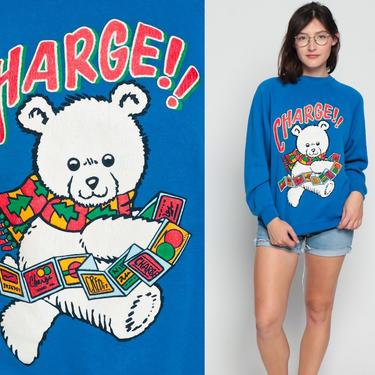 Christmas Sweatshirt TEDDY BEAR Shirt SHOPPING Sweater 80s Animal Print Jumper 1980s Ugly Xmas Vintage Teddybear Raglan Blue Medium 