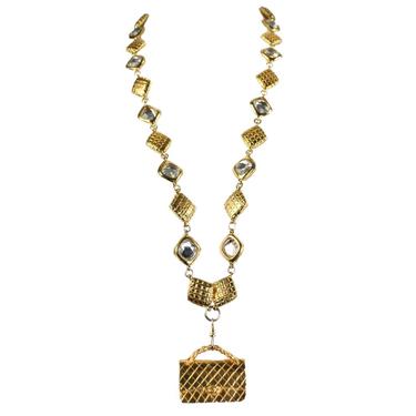 Chanel Necklace 1990's Gold Toned Quilted Purse and Rhinestones
