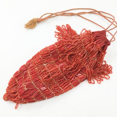 1900s Red Beaded Purse | Red Drawstring Pouch Bag 