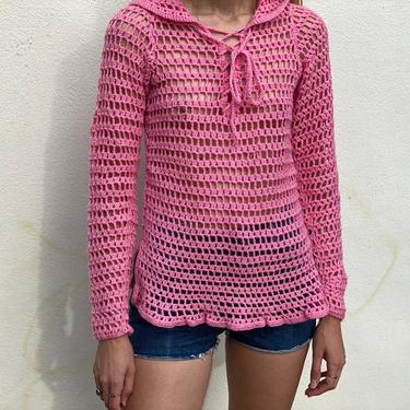 1960s Crochet Sweater with a Hood / Bubblegum Pink Sweater / Hooded Sweater / Open Knit Sheer See Through Shirt 