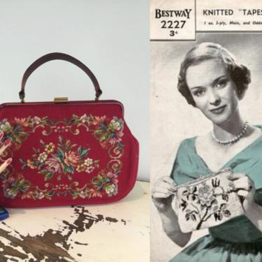 Joan Prided Herself On Her Skills - Vintage 1950s Large Red Needle Point Floral Fabric Handbag Purse 