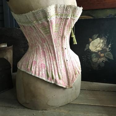 19th C Italian Floral Corset, Pink, Lace, Hand Embroidery Work 