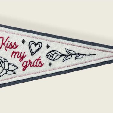Handmade / hand embroidered black &amp; off white felt pennant - 'Kiss My Grits’ with roses and heart - vintage style - tattoo flash 