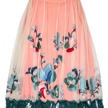 Anthropologie - Peach Embroidered Tulle Maxi Skirt w/ Fringe Sz 10