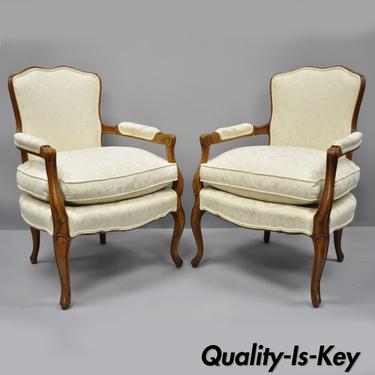 Pair Country French Louis XV Style Fauteuil Armchairs White Down Filled Cushions