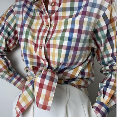 vintage multicolor plaid cotton blouse size small 