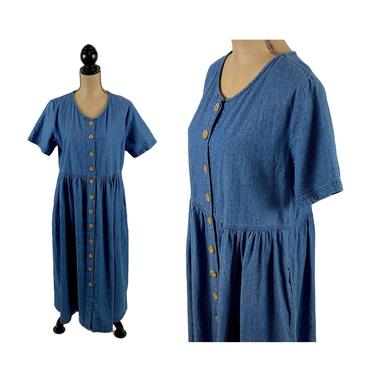 Short Sleeve Button Up Denim Maxi Dress, Casual Long Dress with Pockets, Gathered Empire Waist Cotton Chambray, Vintage Clothes Women Large 