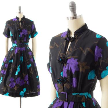 Vintage 1950s Shirt Dress | 50s Floral Printed Black Cotton Mandarin Collar Full Skirt Fit and Flare Shirtwaist Day Dress (x-small) 