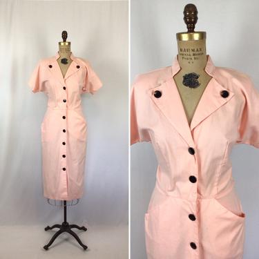 Vintage 80s dress | Vintage 50s style pink dress | 1980s sheath shirt dress 