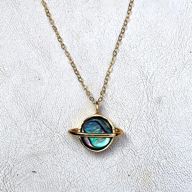 Saturn Planet Pendant with Abalone in Gold or Sterling Silver Handmade Solar System Celestial Jewelry 