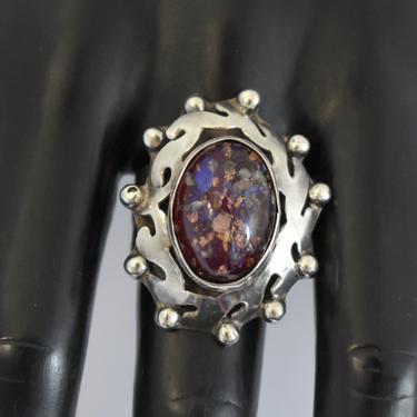 Ornate 60's dragon's breath Mexico sterling size 8 adjustable solitaire, edgy FC Eagle 3 925 silver opal glass asymmetrical statement ring 