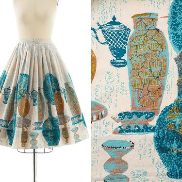 Vintage 1950s Skirt | 50s Novelty Print Vases Urns Pottery Border Print Cotton High Waisted Full Swing Skirt (small) 