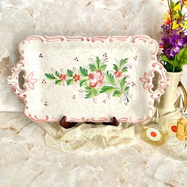 Vintage Vanity Tray, Chic Shabby, Italy Hand Painted, Floral Ceramic Pottery 