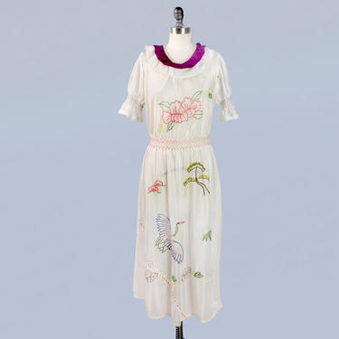 Rare 1940s Dress / PARACHUTE SILK Embroidered Peasant Dress / Birds and Plants 