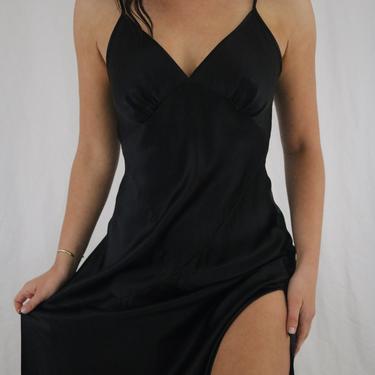 Vintage Black Full Length Silk Slip Dress - New With Tags - Silk Gown - Two Side Slits - Medium 