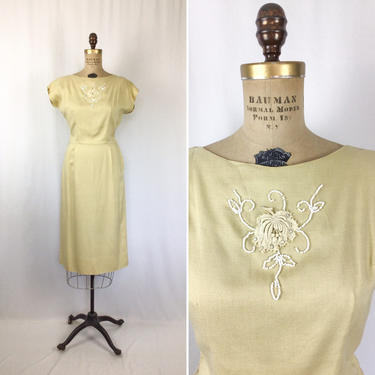 Vintage 50s dress | Vintage cream beaded wiggle dress | 1950s Fitted applique wool blend dress 