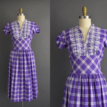 1950s vintage dress | Adorable Purple Plaid Print Puff Sleeve Cotton Summer Dress | Large | 50s dress 