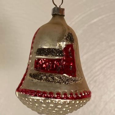 Antique Silver Bell / Red Church Holiday Ornament - West Germany (#C9) 