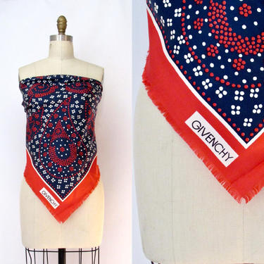 GIVENCHY Vintage 70s Scarf | 1970s Silk Paisley Polka Dot Red White & Blue Headscarf Neck Scarf | 80s 1980s Paris French Designer Accessory 