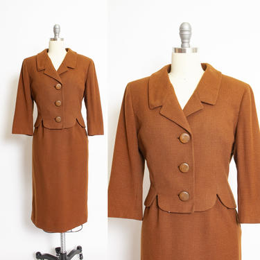 1960s Wool Suit Ensemble Jacket Skirt Set Brown Small 