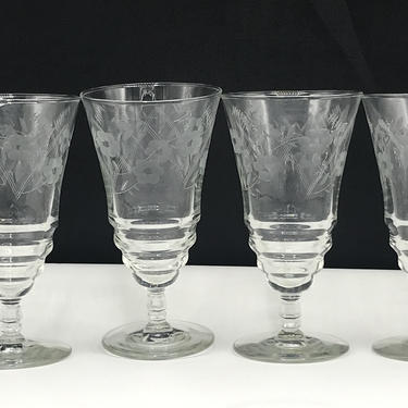 Vintage Set of (4)  Rock Sharpe  Libbey Etched Wine Water Glasses Goblets Floral Rib band Design Mid Century 