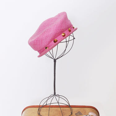 Vintage 60s pink Lucila Mendez hat / vintage mod hat / small brim hat with studs / 60s fabric riding hat / vintage designer hat 