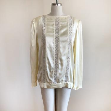 Long-Sleeved Cream Satin Gunne Sax Blouse with Lace Insets - 1980s 