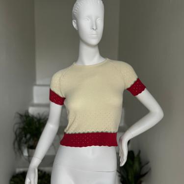 Super Cute 1970s Strawberry Theme Knit Cropped Top Small Vintage 