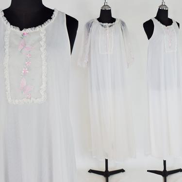 1950s White Long Peignoir Set | 50s White Sheer Nylon Peignoir | Miss Elaine | Medium 