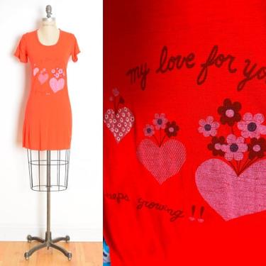 vintage 70s dress red tee t-shirt heart print soft thin knit mini dress XS S clothing 