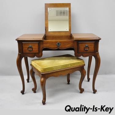 Drexel French Country Provincial Flip Top Mirror Vanity Table with Bench Seat