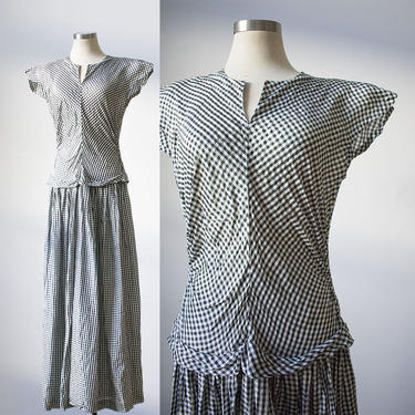 Vintage 1940s Gingham Dress / Black and White Gingham Dress / 1940s Drop Waist Dress / Evening Dress / 1940s Long Dress 