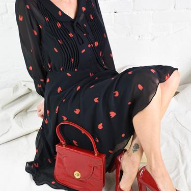 1970s Black & Red Polka Dot Dress | 70s Black Chiffon Party Dress | Nipon Boutique | Medium 