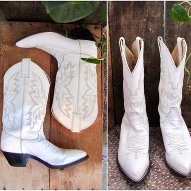 JUSTIN Vintage 80s White Leather Cowgirl Boots | 1980s Western Stitching Pointy Toe Boots | 70s 1970s Cowboy Boho Southwestern | Size 7 B by lovestreetsf