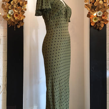 1990s bias cut dress, vintage 90s dress, olive green dress, polka dot dress, size medium, flutter sleeve dress, 36 bust, papillon dress 