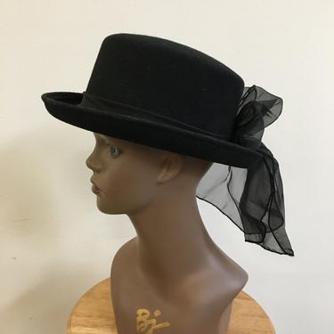 1980s Equestrian Style Black Wool Felt Bowler Shape Hat with Chiffon Back Bow Ribbon 