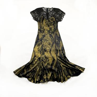 80s 90s Carole Little Gold and Black Floral Maxi Dress / Fishtail / Black Lace / Shoulder Pads / Wiggle Dress / Mermaid / New Wave / Small / 