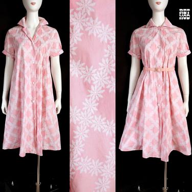 Lovely Vintage 50s 60s Pastel Pink &amp; White Floral Housecoat Robe House Dress 