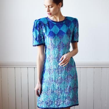1980s Vintage Harlequin Sequin Dress with Open Back | M | Two Tone Blue Diamond Print Sequin Dress with Puff Sleeves 