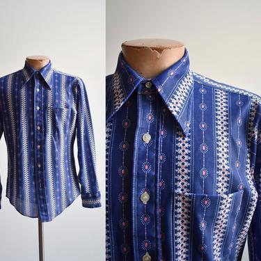 1970s Blue Floral Polyester Shirt 