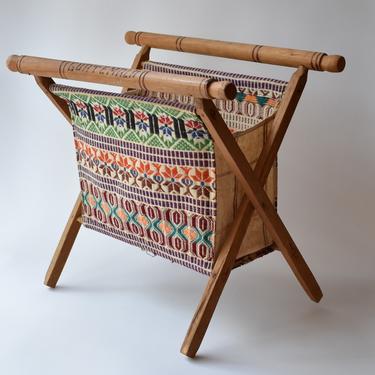 Tapestry Sewing Basket | Folding Guatemala Magazine Rack | Fabric Collapsible Storage Caddie | Central American Ornate Neon Woven Canvas 
