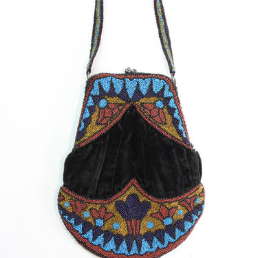 Antique Purse Victorian Black Velvet Micro Beaded Handbag 
