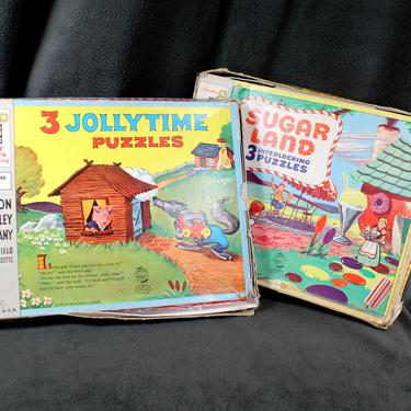 1950s Puzzle Sets - Your Choice &amp;quot;Jollytime&amp;quot; or &amp;quot;Sugar Land&amp;quot; - Set of 3 Puzzles - All 20 Pieces Included - In Original Boxes |FREE SHIPPING 