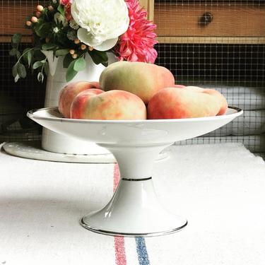 Lovely pure white vintage French ironstone cake stand, fruit bowl 