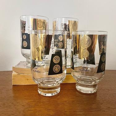 Set of 4- Vintage Cera 22K Black and Gold US Coin Pattern Tumbler Cocktail Glasses, MCM Barware 