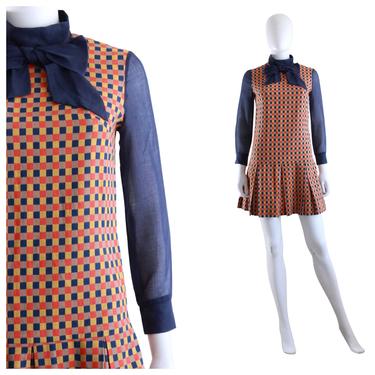 1960s MOD Blue Orange & Chartreuse Scooter Dress - 1960s Scooter Dress - 1960s Mod Dress - Vintage Mod Dress - Mod Check Dress | Size Small 